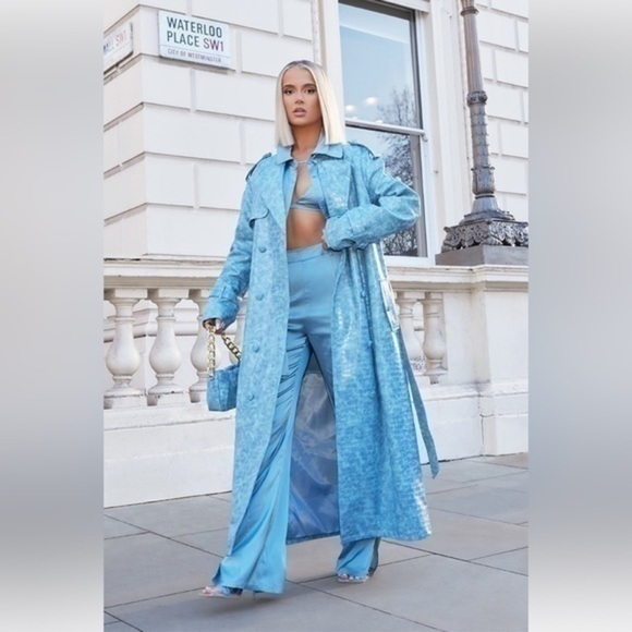 PrettyLittleThing Jackets & Blazers - NEW Pretty Little Thing Pale Blue Croc PU Trench Coat | Size 10